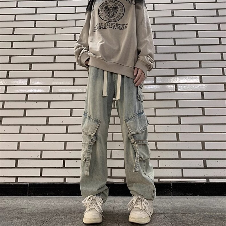 水洗做旧多口袋工装牛仔裤男秋季新款抽绳宽松阔腿长裤子NZK31,男装牛仔裤,星座516A