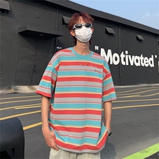 美式复古潮牌条纹短袖T恤男夏季薄五分袖宽松休闲半袖A1411-P40，男装T恤，星座1008