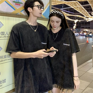 220克水洗做旧短袖T恤棉M-3XL情侣男女V1宽松圆领半袖潮团队图片