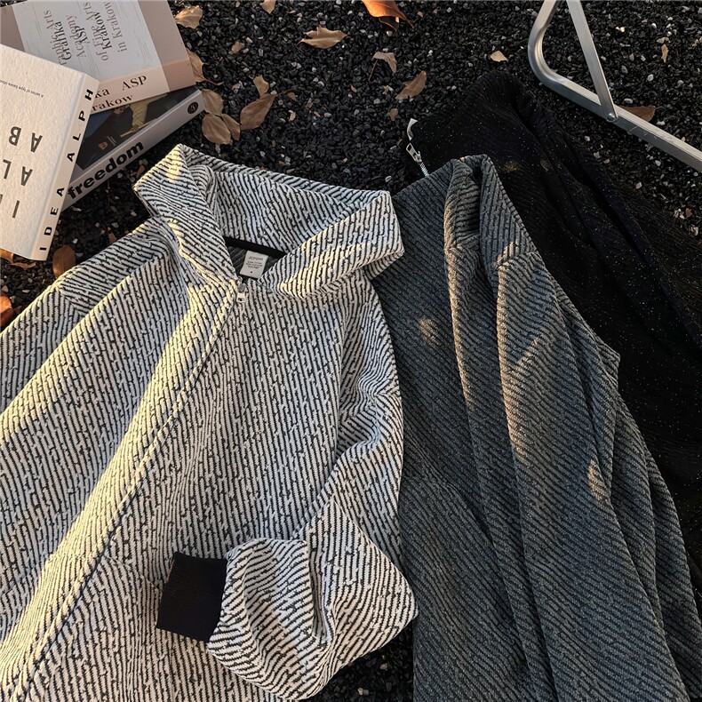 港风秋冬款男女连帽卫衣拉链开衫条纹宽松外套WY82P55,女装短外套,星座1013-1
