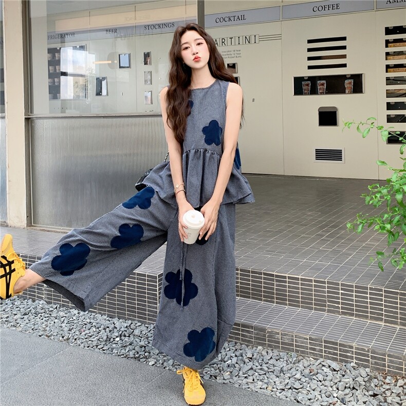日系复古减龄荷叶边背心套装女夏季2025印花宽松格子阔腿裤两件套,女装套装/套裙,2C283