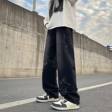 美式五角星牛仔裤男秋冬潮牌宽松直筒阔腿情侣休闲长裤子1042-p45，男装牛仔裤，星座1008
