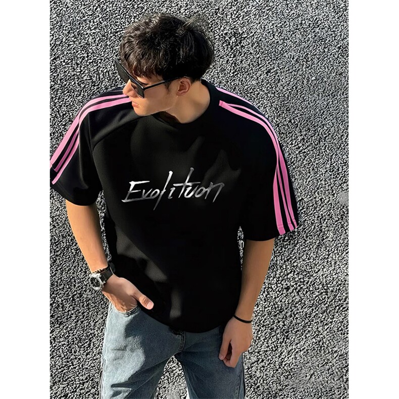 抖音得物品质二开240克宽松纯棉美式潮牌印花三条杠中性风短袖T恤，男装T恤，电商A486-1