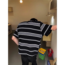 夏季港风黑白条纹撞色拼接短袖T恤男宽松百搭圆领海魂衫CSS09P30，男装T恤，电商D256-2(原A064-2)