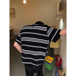 夏季港风黑白条纹撞色拼接短袖T恤男宽松百搭圆领海魂衫CSS09P30图片