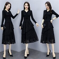 2025春季配大衣打底显瘦针织连衣裙女假两件黑色蕾丝内搭长袖裙子图片