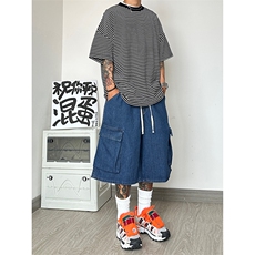 美式复古七分工装牛仔短裤日系cityboy廓形大码oversize，男装牛仔裤，星座310A-4