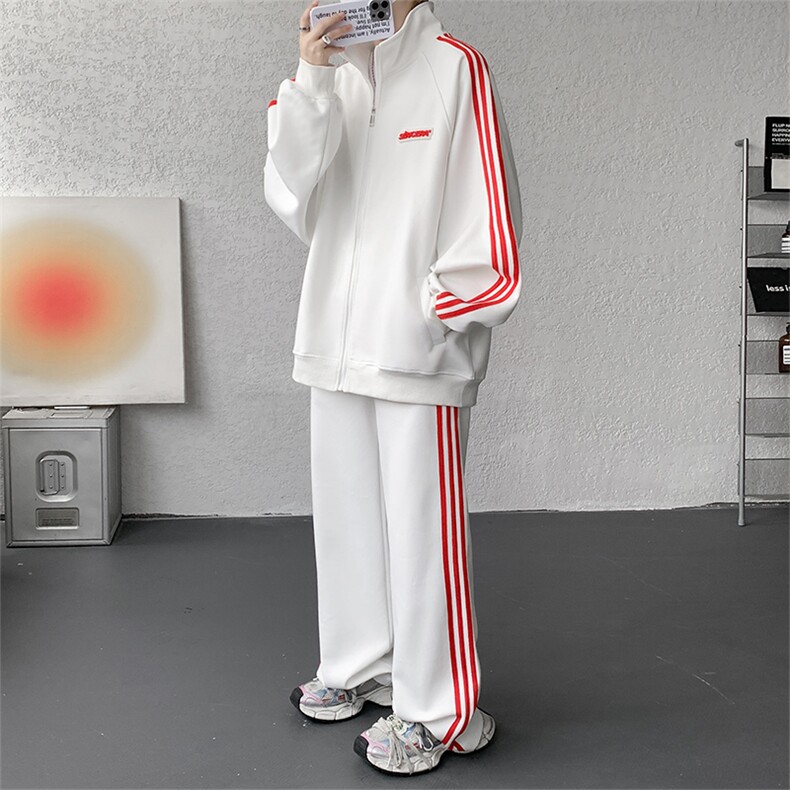 8XL-M条纹撞色开衫新年红卫衣运动套装潮牌运动服校园风TZ114P118,男装休闲套装,电商D206-1
