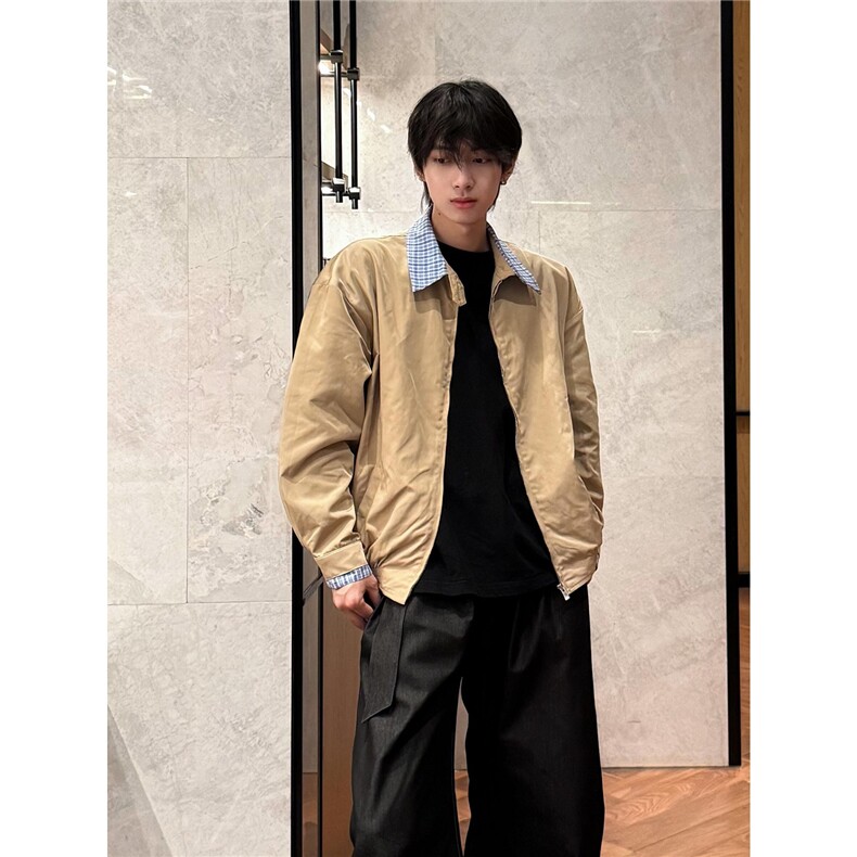 卡其色假两件短款外套男款秋季美式复古千鸟格拼接巴恩风工装夹克,男装夹克,四季星座505
