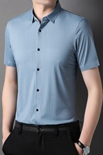 男士短袖衬衫冰丝无痕条纹商务休闲装夏季免烫高弹力中年上衣，男装衬衫，电商B212（原钱塘6029）