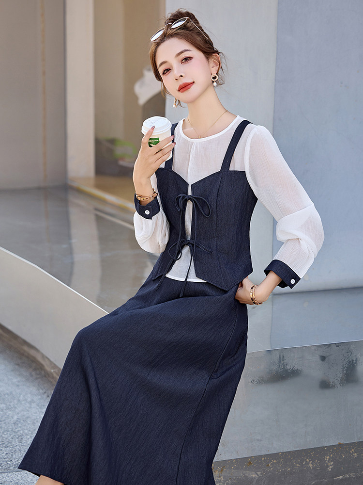 休闲时尚连衣裙套装女2025春夏款大码遮肚子显瘦减龄裙子两件套,女装套装/套裙,玖莱伊
