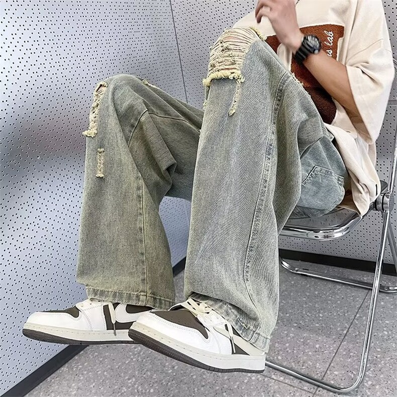 欧美高街风拉链水洗做旧破洞牛仔裤男女N0036-P45，男装牛仔裤，星座308B-1