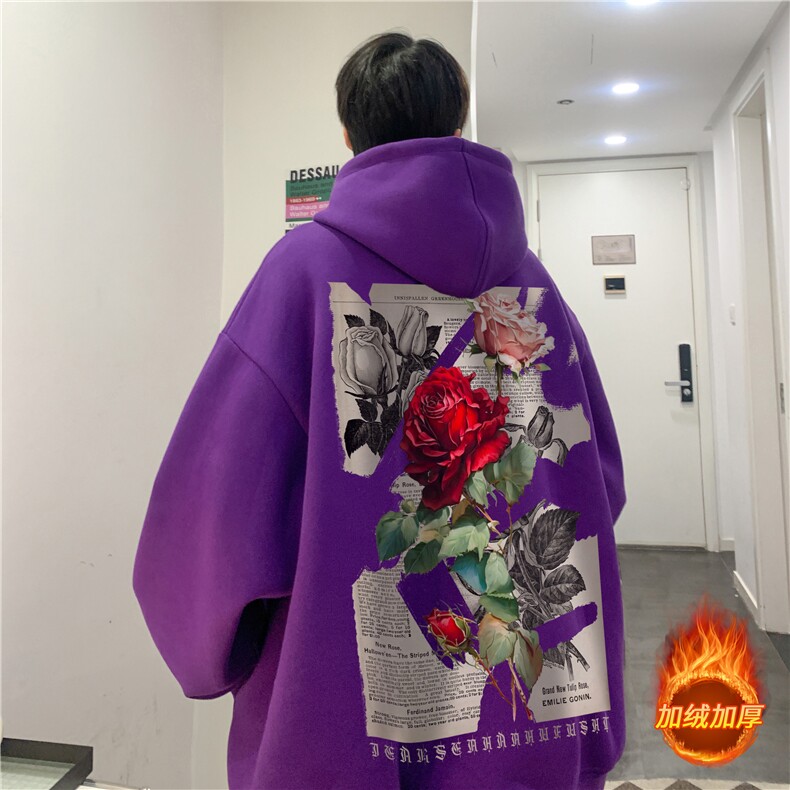 2026冬季新款宽松复古玫瑰印花加绒宽松连帽卫衣JR23390特45-控78,男装卫衣,星座605(原A050)