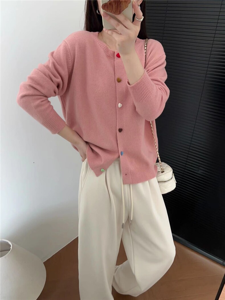 时尚百搭爱心扣羊毛针织开衫女宽松显瘦休闲简约外套,女装羊毛衫,暖烁羊绒
