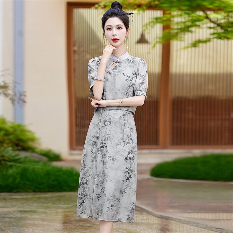 大码女装新中式国风旗袍套装夏装高级感盘扣半裙小衫时尚套装,女装套装/套裙,欣贝拉