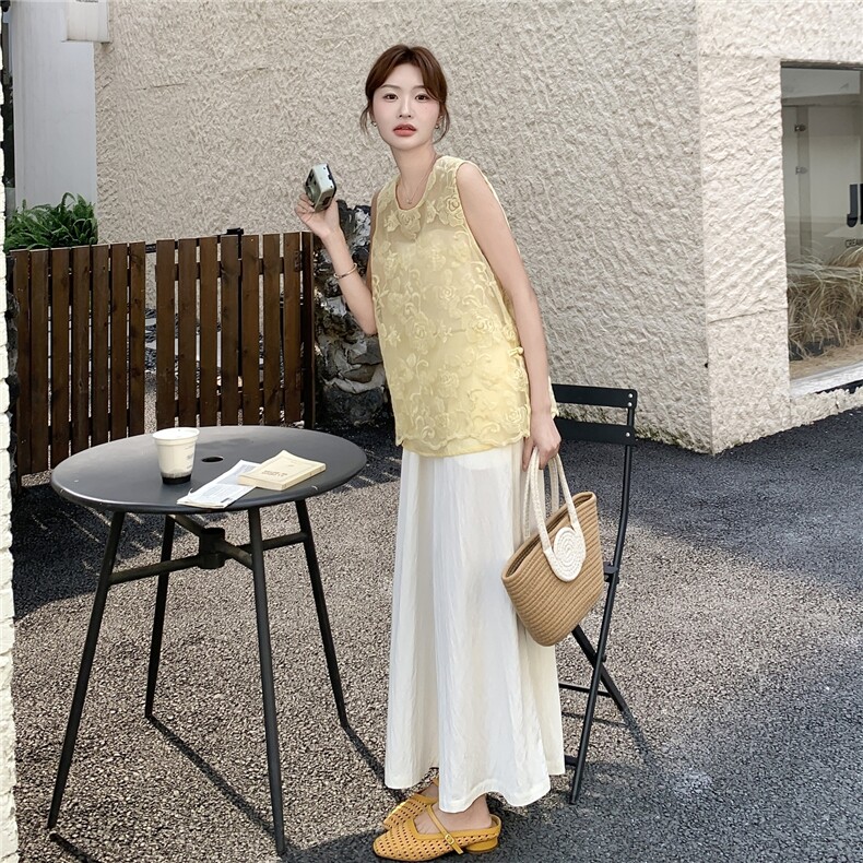 提花黄色新中式国风套装女夏阔腿裤两件套高级感两件套法式小资,女装套装/套裙,2C201