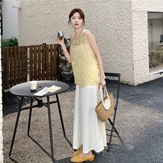提花黄色新中式国风套装女夏阔腿裤两件套高级感两件套法式小资，女装套装/套裙，2C201