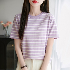条纹圆领纯棉针织短袖T恤女2025夏宽松背心半袖百搭小衫打底上衣，女装T恤，秋双羊绒