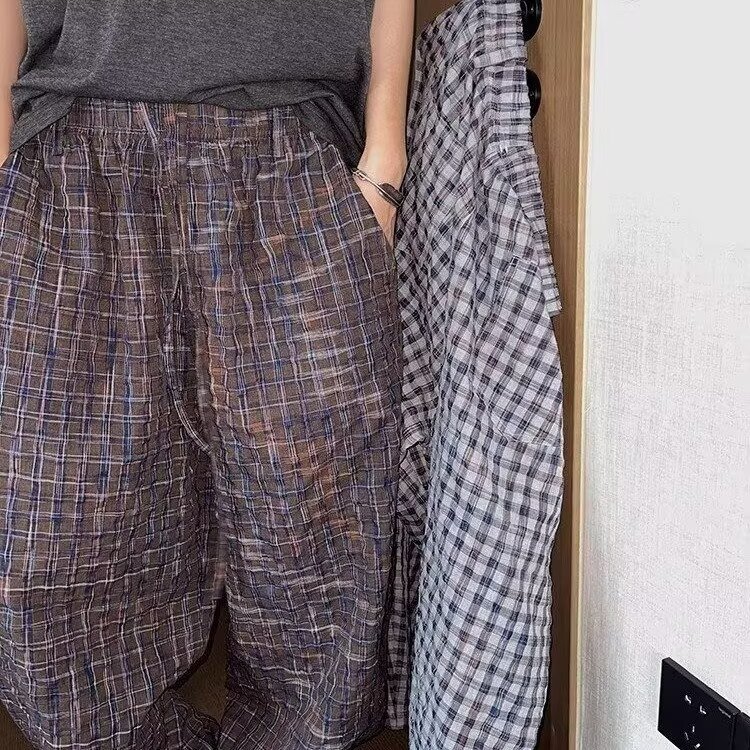 夏季男士潮牌泡泡格阔腿休闲裤时尚百搭情侣同款宽松透气直筒长裤,男装休闲裤,星座506A