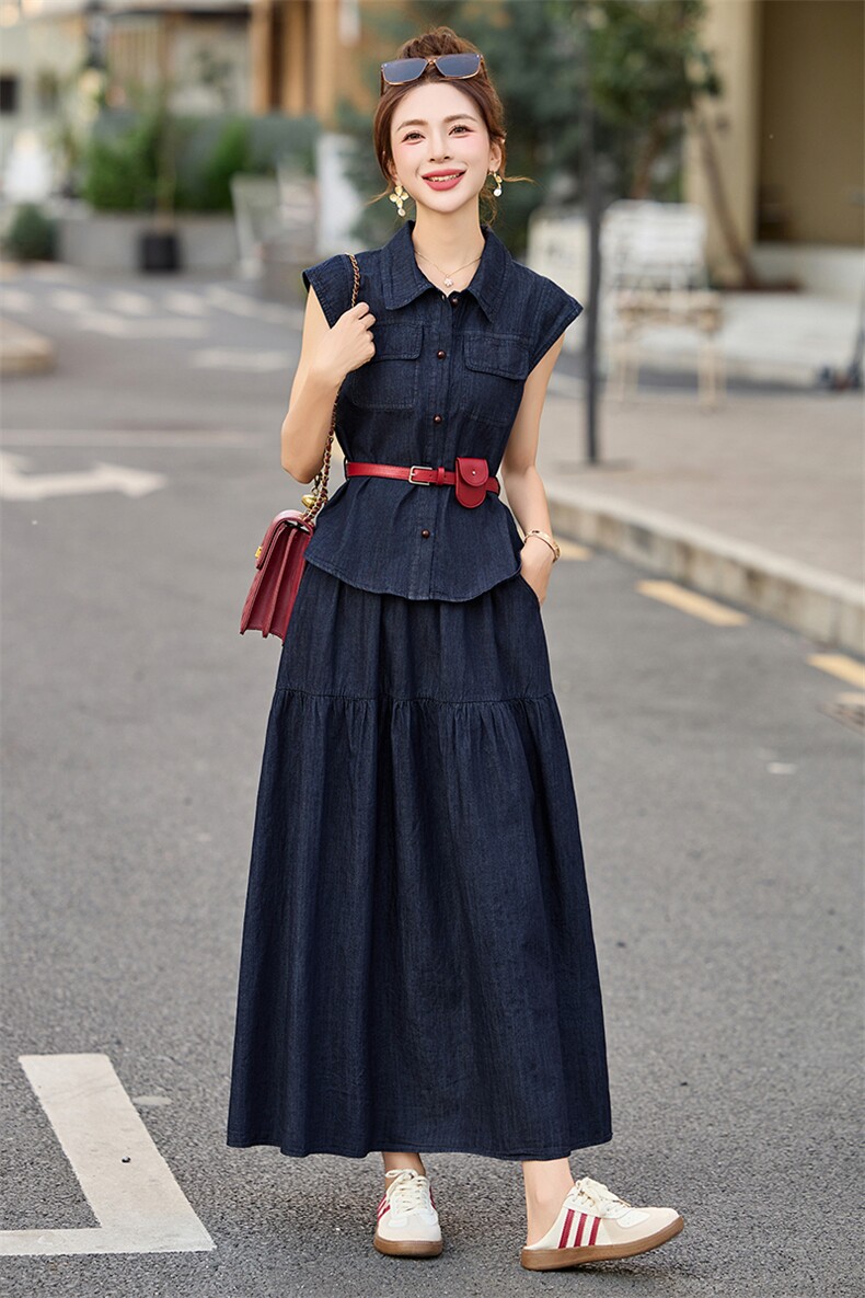 时尚牛仔套装连衣裙女2025夏季新款气质收腰无袖衬衫半身裙两件套,女装套装/套裙,布芭啦
