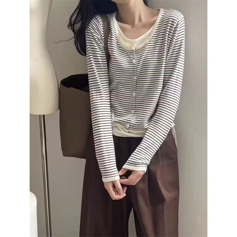 条纹假两件长袖针织衫女2025早秋新款设计感宽松显瘦抽绳褶皱上衣,男装针织衫/毛衣,星座506A
