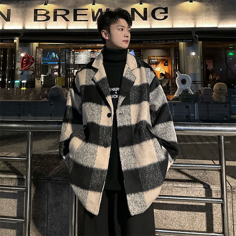 格子毛呢中长款风衣 西装领潮牌大衣冬季外套 W25 P110图片