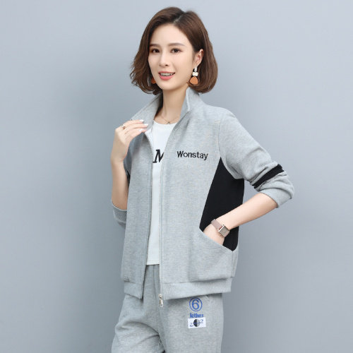 时尚休闲拼色外套女宽松显瘦百搭长袖上衣春秋新款韩版学生运动服套装,女装短外套,依恋蒂丝