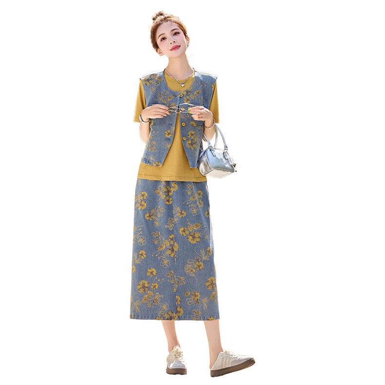 新中式盘扣牛仔套装裙女2025年夏季新款复古印花半身裙两件套,女装套装/套裙,关键词