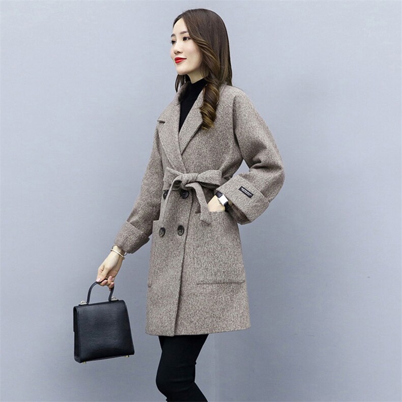 冬装新款毛呢外套女时尚双排扣中长款西装领（配腰带）,女装毛呢外套,岚衣(原川流布茜）