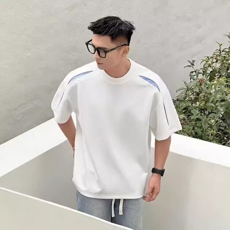 条纹解构拼接设计款夏季百搭T恤短袖男,男装T恤,四季星座505