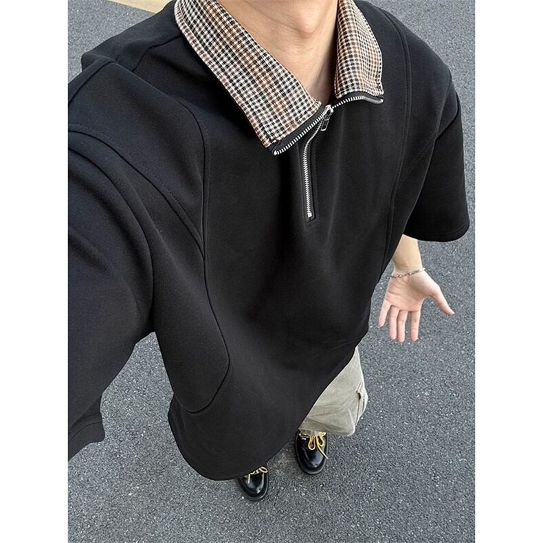 【有货】DT2506-P40千鸟格拼接短袖polo衫男夏季老钱风重磅半袖t,男装Polo衫,星座603-2