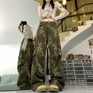 现货豹纹牛仔裤男女同款新款美式高街设计感小众宽松直筒休闲图片