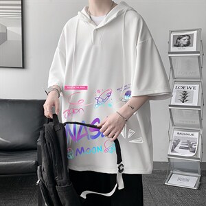LD54186-P45NASA联名同款连帽短袖t恤男大码胖子带帽五分袖大皂风图片
