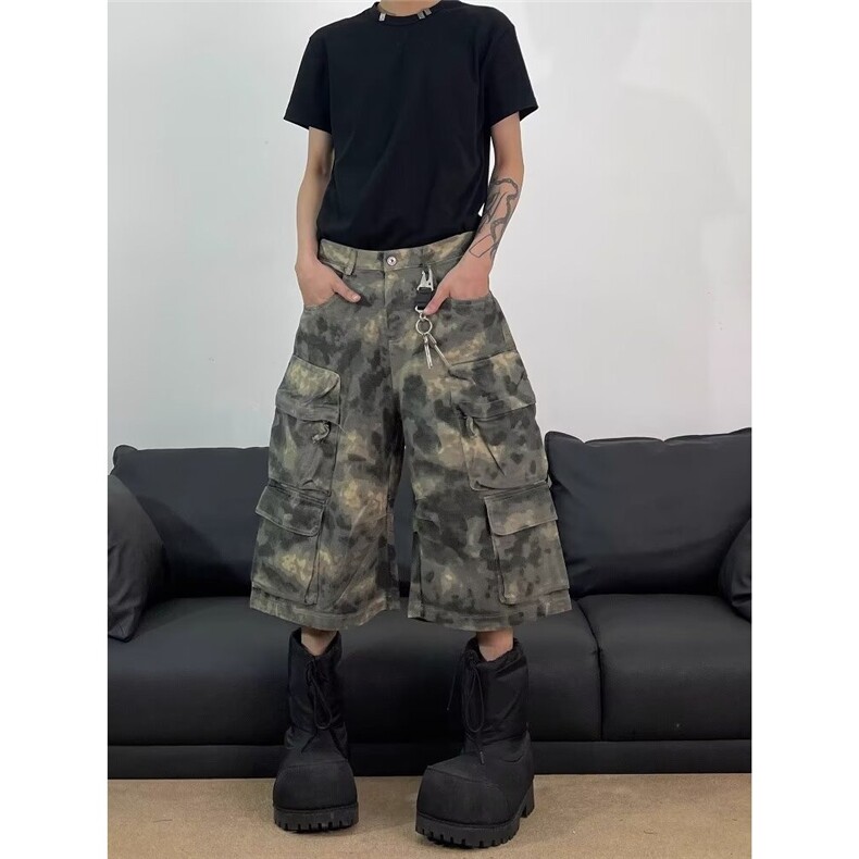 美式复古迷彩晕染多口袋休闲短裤男女同款夏季宽松直筒阔腿七分裤,男装牛仔裤,星座506A