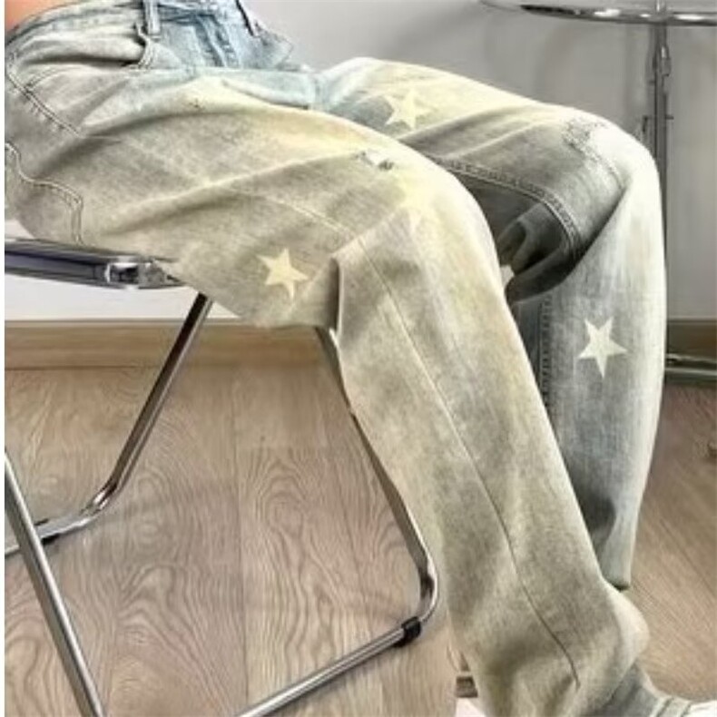 新款拉链慵懒女时尚长裤自然腰原宿春秋牛仔裤ins潮流AM752P43,男装牛仔裤,星座1013-5
