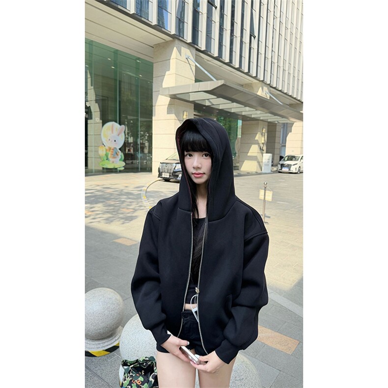 重磅高品质硬挺boxy26春装美式高街结构撞色拼接连帽卫衣开衫外套,女装短外套,电商A486-1