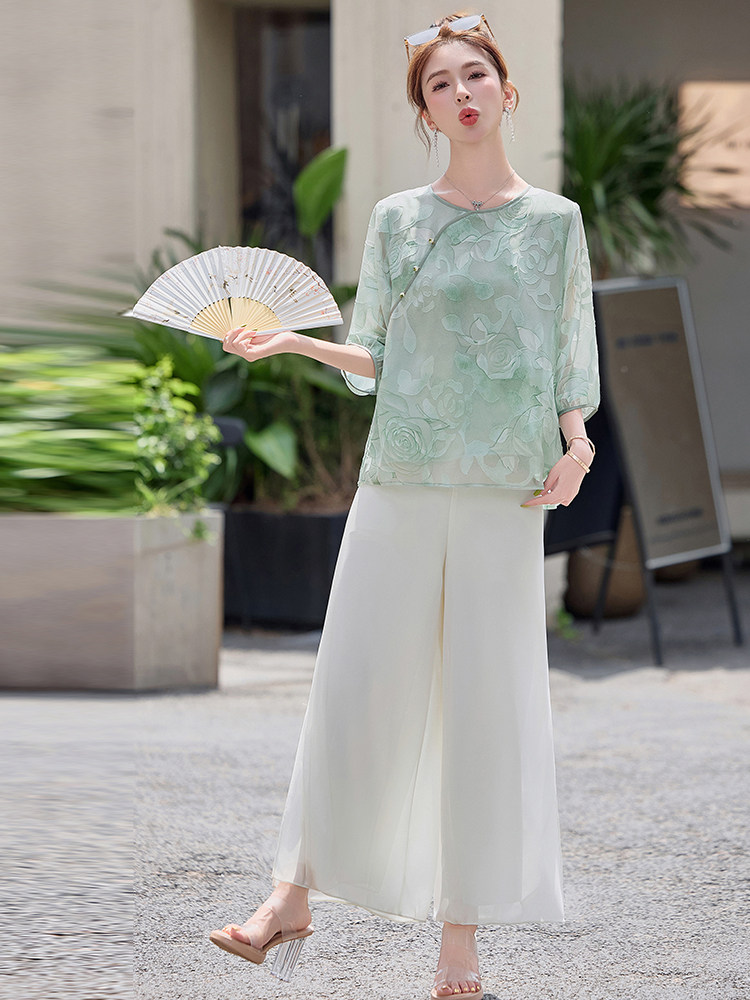 新中式上衣女2025夏季新款中袖国风高端印花遮肉年轻大码薄款衬衫,女装衬衫,妃曼