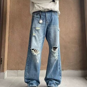 美式夏季破洞牛仔裤男女破坏宽松水洗直筒阔腿裤拖地长裤XK1116