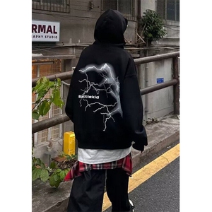 闪电印花美式复古卫衣男款春秋连帽高街潮牌痞帅炸街重磅硬挺外套