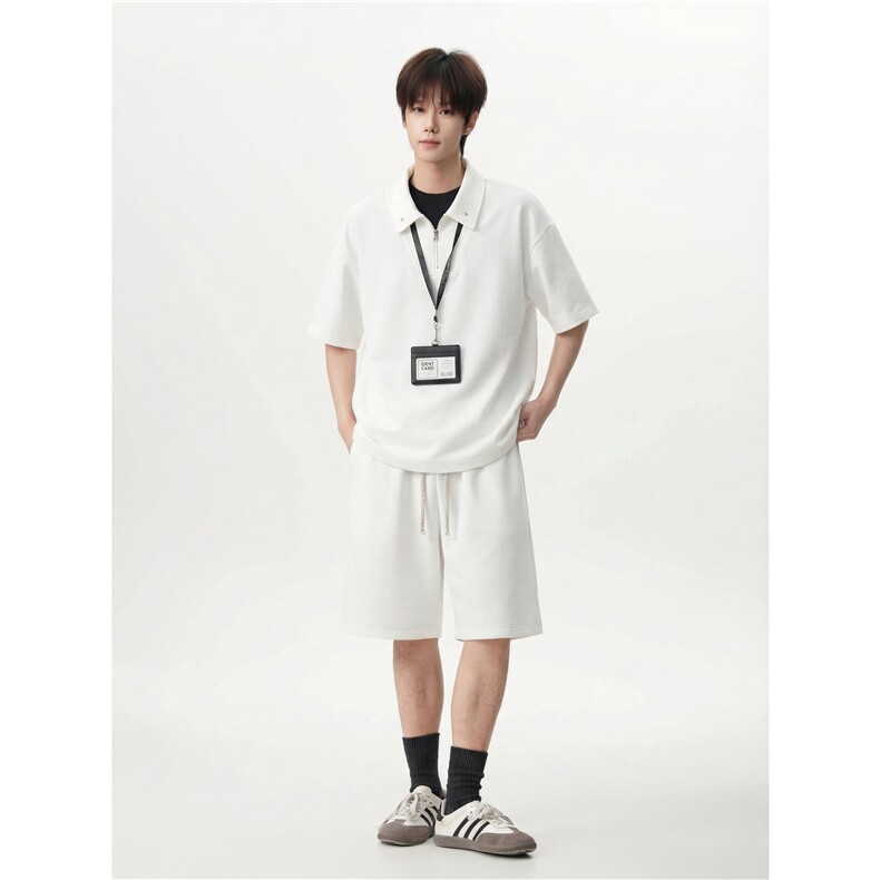 oversize宽松半拉链polo短袖舒适简约抽绳短裤套装T926P55控88,男装牛仔裤,电商A102B