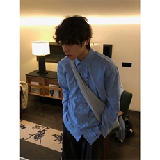 网图有货蓝色衬衫设计感木耳边长袖衬衫男宽松衬衣外套A484-P42，男装衬衫，星座1505