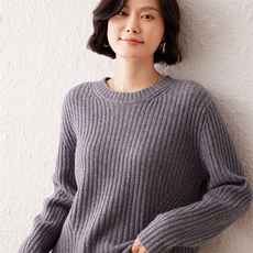 2024秋季新款纯色长袖坑条圆领慵懒风35%羊绒衫通勤百搭，女装羊绒衫，雪真羊绒高端店
