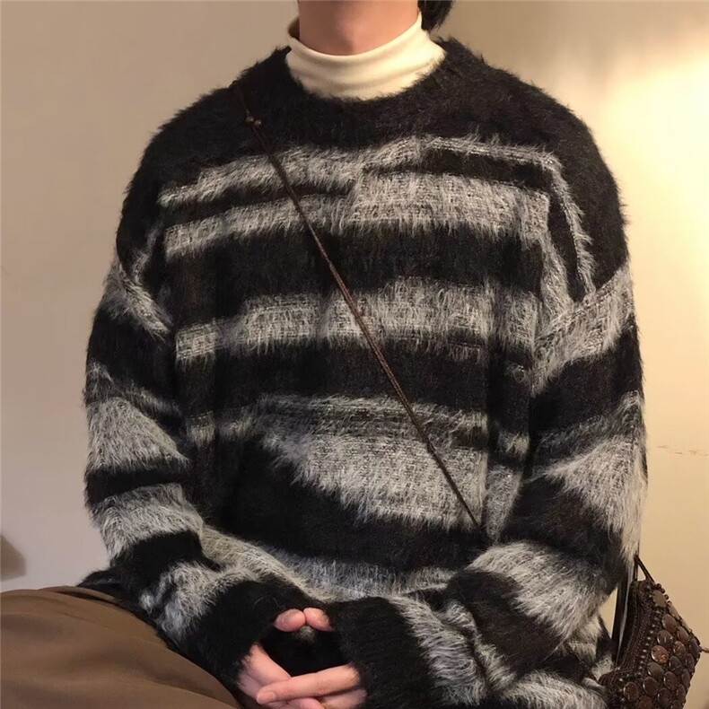 7196-P57仿貂绒条纹复古毛衣男秋冬显瘦慵懒松弛感圆领套头,男装针织衫/毛衣,电商B323A