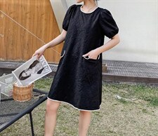 珍珠边压花连衣裙，女装连衣裙，斐媞梦