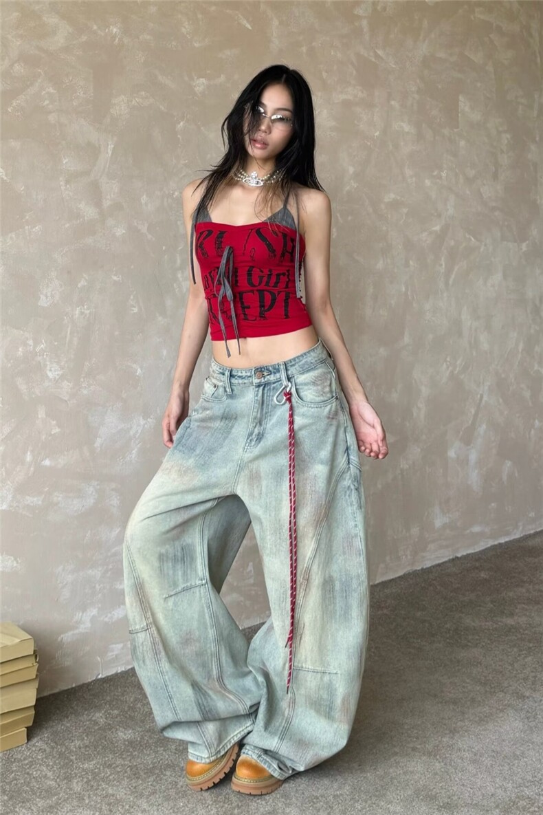 美式脏染水洗做旧直筒牛仔裤男女微喇vibe风复古宽松阔腿长裤网图,男装牛仔裤,星座302B-2