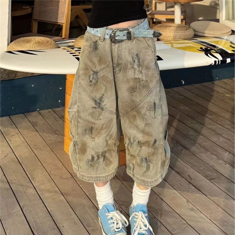 美式脏染阔腿牛仔七分裤男女夏季做旧废土风黄泥弯刀裤LD288-P52，男装牛仔裤，星座1008