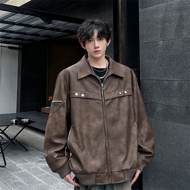 秋冬加棉加厚美式拉链设计感高街新款潮流皮衣常规P138加棉P158，男装皮衣，电商B319