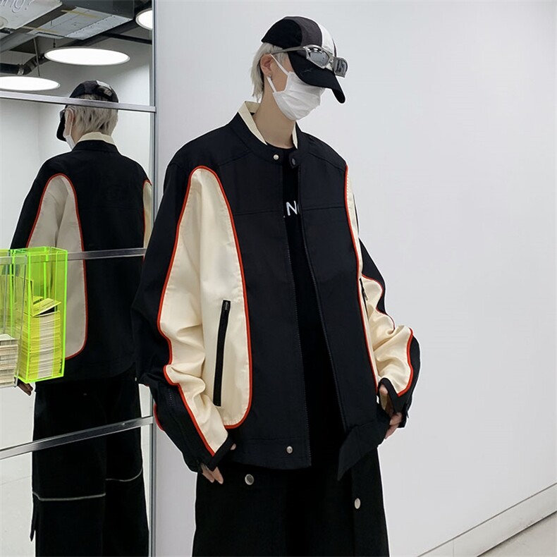 港风秋款男夹克棒球立领机车拼色拉链开叉外套JK02 P70图片