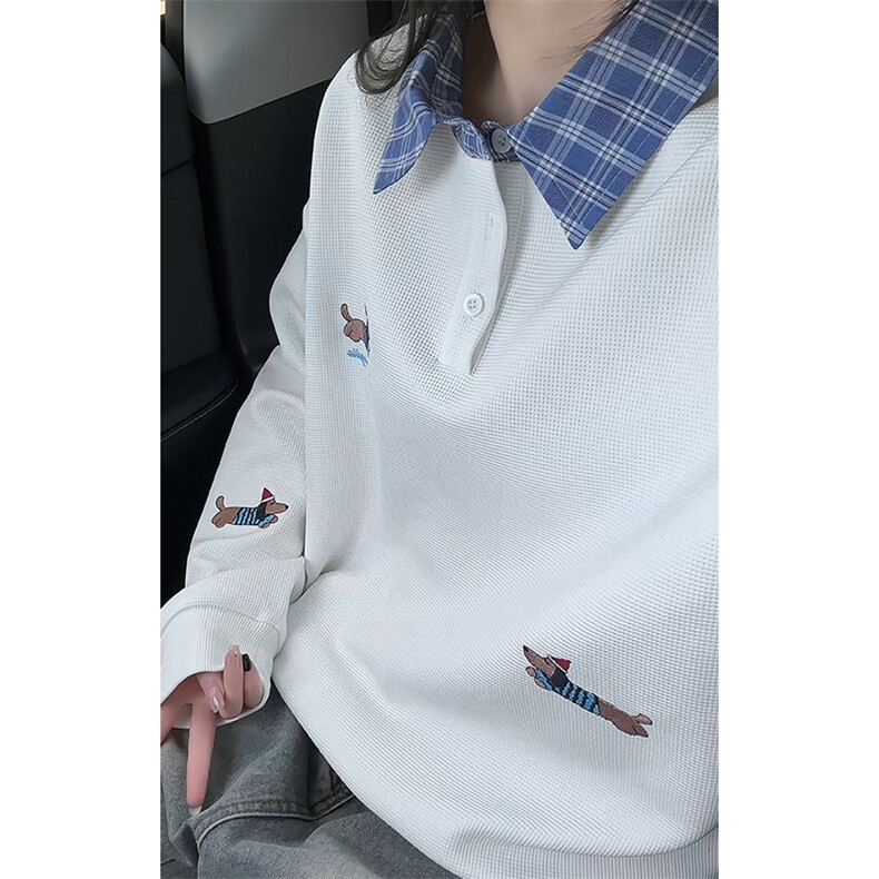 腊肠狗刺绣翻领长袖Polo衫男春秋卫衣慵懒风宽松大码男生长袖T恤，男装T恤，星座1210-1