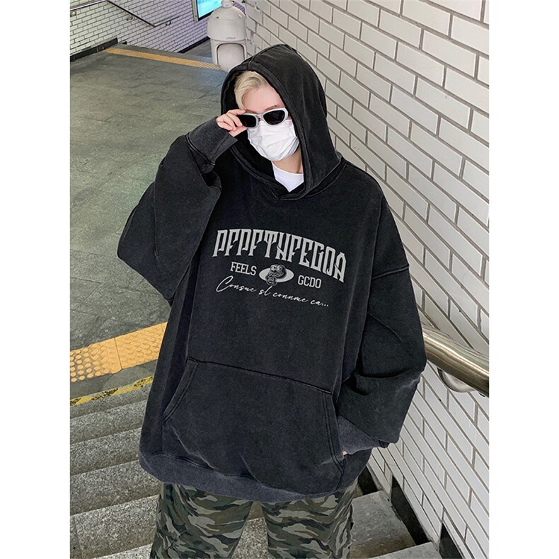 得物抖音高品质360克重磅做旧炒雪花印花连帽水洗卫衣ASL1602,男装卫衣,电商A443
